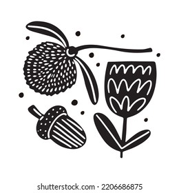 Hand drawn wild plants in linocut style, poster or card vector illustration