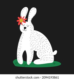 Hand drawn wild rabbit character with flowers isolated on white background. Little wild woodland animal vector illustration. Cartoon forest bunny in scandinavian style. Nordic style animal.