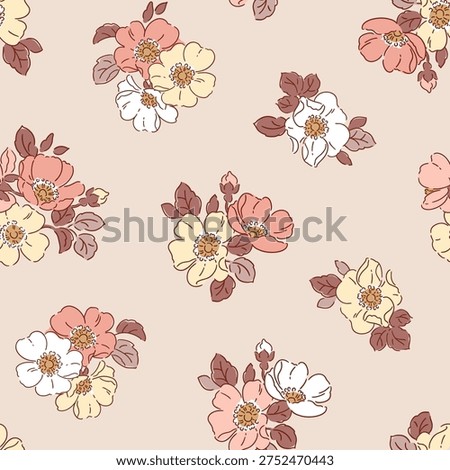 Hand drawn wild roses. Seamless vector pattern. Liberty floral design on isolated background. Perfect for textile, wallpaper or nursery print design.