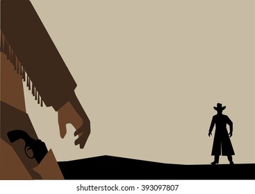 Hand Drawn Wild West Background. Cowboys Hand With A Revolver. Duel Vector Illustration