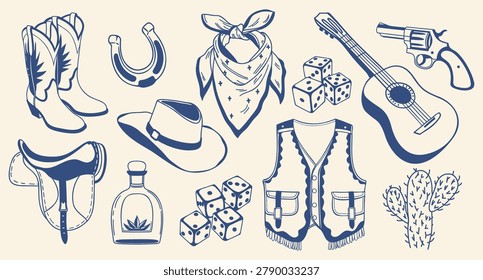 Hand drawn wild west cowboy elements collection. Retro symbols. Blue outline illustration