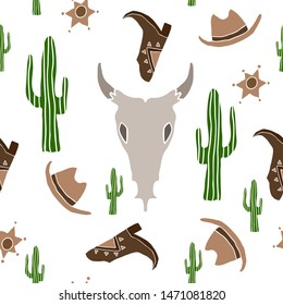 Hand drawn wild west seamless pattern. Cow skull, hat, cowboy boots, cacti, sheriff badges isolated on white. Background design for textile, wallpaper. Stock vector illustration.