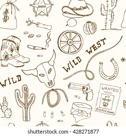 Hand drawn wild west seamless pattern Sketches. Hand-drawing. Vector illustration of for design and packages product.