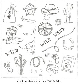 Hand drawn wild west set. Sketches. Hand-drawing. Vector illustration of for design and packages product.