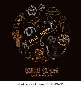 Hand drawn wild west set. Sketches. Hand-drawing. Vector illustration of for design and packages product.