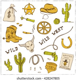 Hand drawn wild west set. Sketches. Hand-drawing. Vector illustration of for design and packages product.