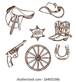 Hand drawn Wild West western set. Cowboy hat, cowboy boots, gun, sheriff star, horseshoe. White background