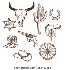 Hand drawn Wild West western set. Cowboy hat, cowboy boots, gun, sheriff star, horseshoe, cactus, cow scull, wheel.