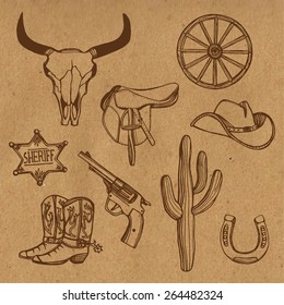 Hand Drawn Wild West Western Set. Cowboy Hat, Cowboy Boots, Gun, Sheriff Star, Horseshoe, Cactus, Cow Scull Wagon Wheel. Craft Paper Background