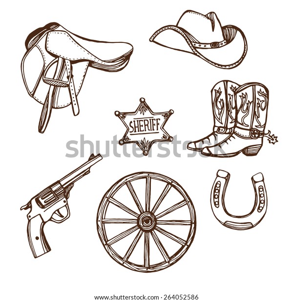 Handgezeichnet Wild West Western Set Cowboyhut Stock Vektorgrafik Lizenzfrei