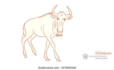 Hand drawn wildebeest outline, abstract vector wildlife cartoon image, children's biological knowledge education material.