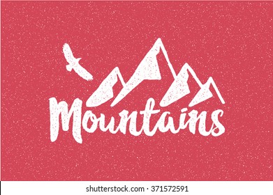 Hand drawn wilderness old style typography poster with retro mountains and eagle Letterpress Print, Rubber Stamp Effect Explore more Artwork for hipster wear. vector Inspirational vintage illustration