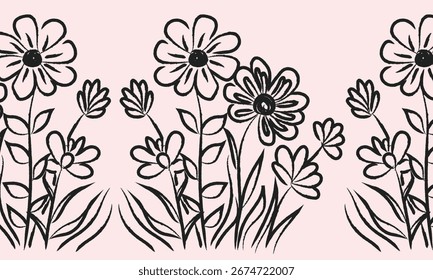 Hand drawn wildflower border with curved lines vector design, Flower brush stroke hand drawn sketch doodle flower, floral leaf elements ink style vector illustration, isolated on pink background	
