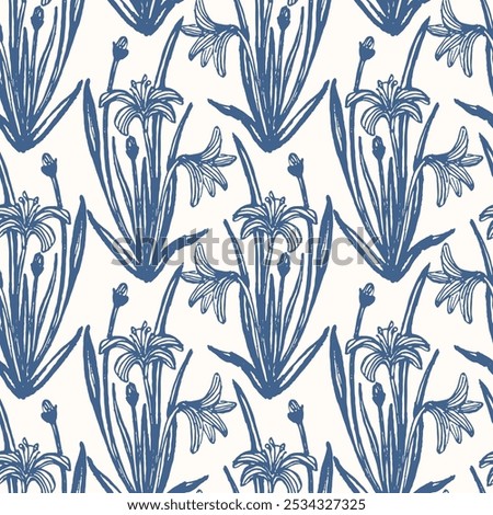 Hand drawn wildflower easter lily silhouettes in dark blue on off-white background. A seamless vector pattern. Great for home decor, fabric, wallpaper, gift-wrap, stationery and packaging designs.