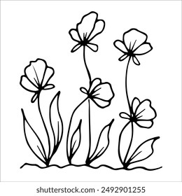 hand drawn wildflowers flower bed, monochrome, black and white