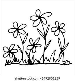 hand drawn wildflowers flower bed, monochrome, black and white