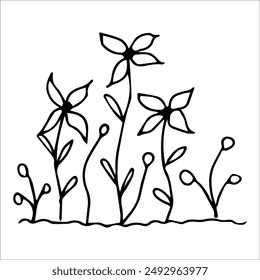 hand drawn wildflowers flower bed, monochrome, black and white