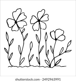 hand drawn wildflowers flower bed, monochrome, black and white