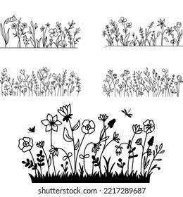 Hand drawn wildflowers meadow. Black and white doodle wild flowers and grass plants. Monochrome floral elements. Luxury botanical background with trendy wildflowers and minimalist flowers.