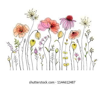 Hand drawn wildflowers and poppies, colorful isolated illustration. Decorative vector print in vintage watercolor style for your template.