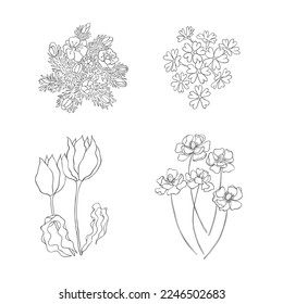 Juego De Flores Silvestres Dibujadas A Mano. Ilustración de vectores de línea de arte.