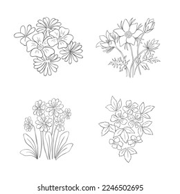 Hand Drawn Wildflowers Set. Line art Vector Illustration.
