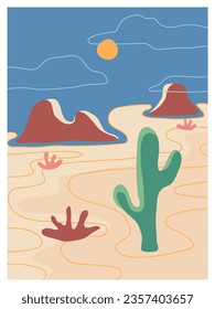 Hand drawn Wildland Cactus Desert. Vector Illustration. Travel Vibe. Western Theme Vector