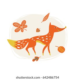 Hand drawn wildlife forest animal fox - minimalistic cute design for postcard, icon, label, isolated on white background. For sticker, children apparel, book. Modern style. 