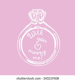 Hand Drawn Will You Marry Me Wedding Ring Pink Background