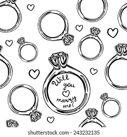 hand drawn will you marry me wedding ring seamless pattern white background