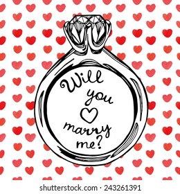 Hand Drawn Will You Marry Me Ring Watercolor Hearts Background