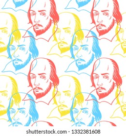 Hand drawn William Shakespeare portrait seamless repeat vector pattern  Literary  classical british theatre  english book  education background  Bright colorful texture 