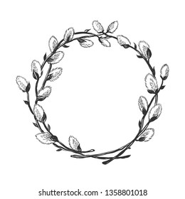 Hand drawn willow branch circle frame.