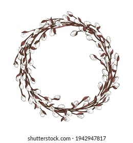 Hand drawn willow branch frame. Colorful vector illustration