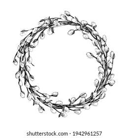 Hand drawn willow branch frame. Vector illustration