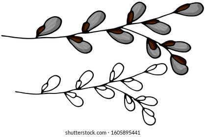 Hand drawn willow branch, symbol of Happy Easter, vector ink sketch illustration isolated on white, decorative floral bouquet verba with bow line art vintage herbs for design greeting card