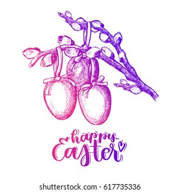 Hand drawn willow branch with three beautiful painted eggs  hang on a ribbon with a bow. Spring easter illustration. With a gradient from violet to pink