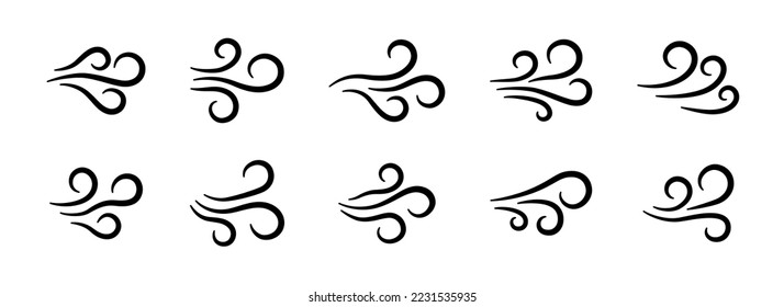 Hand drawn wind air flow icon set. Free breath symbol. Fresh air flow sign. Doodle wind blow icons collection. Weather symbol. Climate design element. Vector illustration isolated on white background.