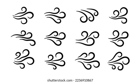 Hand drawn wind air flow icon set. Free breath symbol. Fresh air flow sign. Doodle wind blow icons collection. Weather symbol. Climate design element. Vector illustration isolated on white background. svg