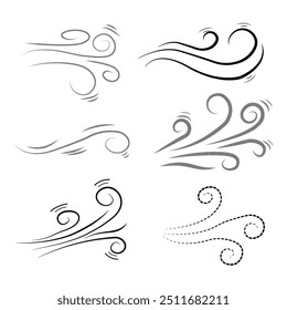 Hand drawn wind air flow icon. Free breath symbol. Fresh air flow sign. Doodle wind blow icons. Weather symbol. Climate design element. Vector illustration isolated on white background.