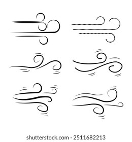 Hand drawn wind air flow icon. Free breath symbol. Fresh air flow sign. Doodle wind blow icons. Weather symbol. Climate design element. Vector illustration isolated on white background.