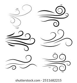 Hand drawn wind air flow icon. Free breath symbol. Fresh air flow sign. Doodle wind blow icons. Weather symbol. Climate design element. Vector illustration isolated on white background.