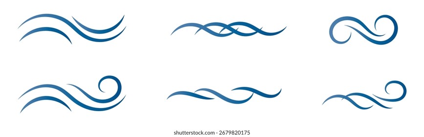 Hand drawn wind air flow icon set. Free breath symbol. Fresh air flow sign. Doodle wind blow icons collection. Weather symbol. Climate design element. Vector illustration isolated on white background.