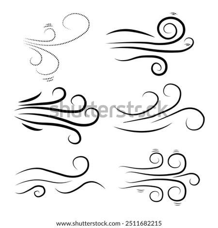 Hand drawn wind air flow icon. Free breath symbol. Fresh air flow sign. Doodle wind blow icons. Weather symbol. Climate design element. Vector illustration isolated on white background.