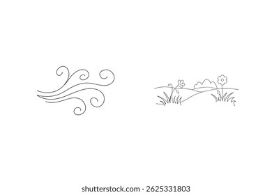 Hand Drawn Wind Blowing Over Field With Flowers And Grass Illustration