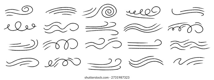 Hand drawn wind breeze doodle with air swirl and flow speed lines. Weather app graphics featuring a playful wind breeze doodle for the forecast.