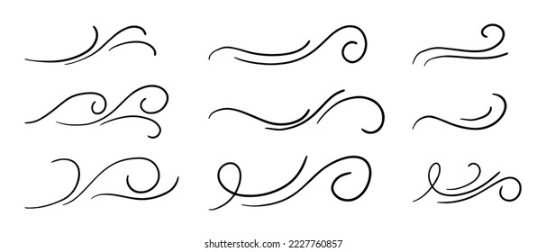 hand drawn wind doodle set, vector illustration.