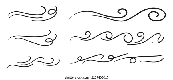 hand drawn wind doodle set, vector illustration.