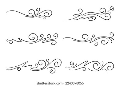 hand drawn wind doodle set, vector illustration.