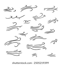 Hand drawn wind elements. Set of doodle windy icons in black line style on white background. Vector illustration.